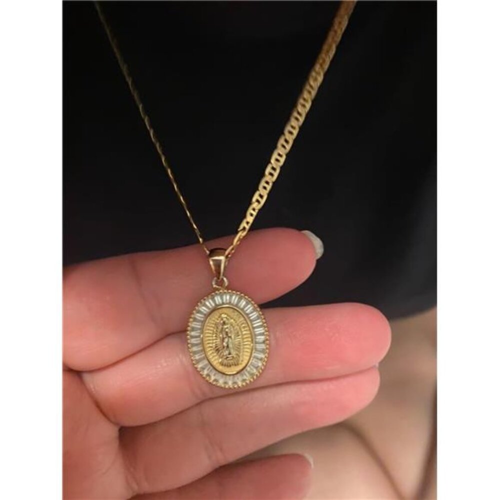 18K Gold Plated Virgin Mary Guadalupe Pendant Necklace with Cubic Zirconia, 24"